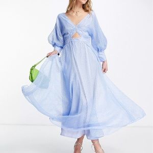 ASOS EDITION blouson sleeve midi dress in organza check in pale blue